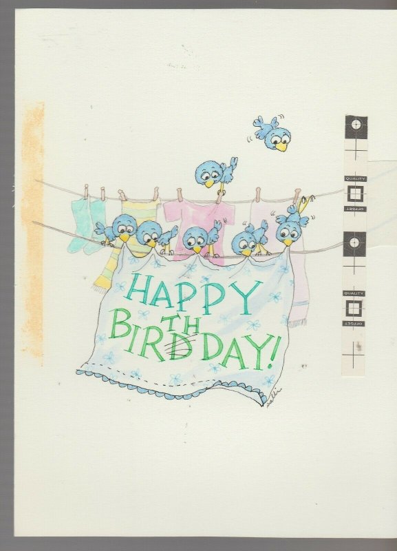 HAPPY BIRD DAY 7 Cartoon Birds w/ Sign 6.5x8.5 Greeting Card Art #B8511