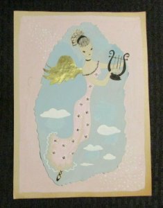 CHRISTMAS Angel w/ Gold Wings Playing Harp 7x9.5 Greeting Card Art #1958