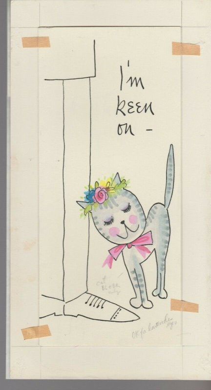 I'M KEEN ON YOU Cartoon Kitten w/ Pink Bow 4x9 Greeting Card Art #FB0870
