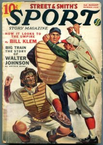 Sport Story Pulp August 1 1938- Walter Johnson- baseball cover G/VG