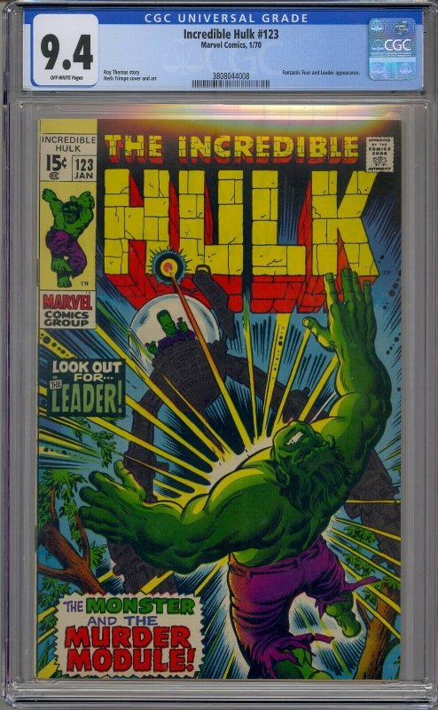 INCREDIBLE HULK #123 CGC 9.4 FANTASTIC FOUR LEADER