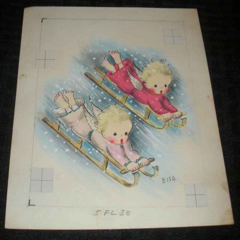 MERRY CHRISTMAS Angel Children Sledding 6x7.5 Greeting Card Art #FL30 