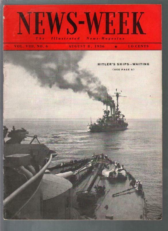 Newsweek 8/8/1936-Hitler-s war ships-Jews vs Nazi's-pix-FN