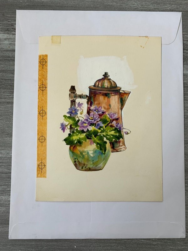 HAPPY BIRTHDAY Purple Flowers & Copper Coffee Pot 6.5x9 Greeting Card Art 17516