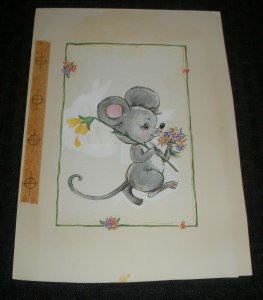 CARTOON MOUSE w/ Yellow Flower & Bouquet 6.5x9 Greeting Card Art #9231