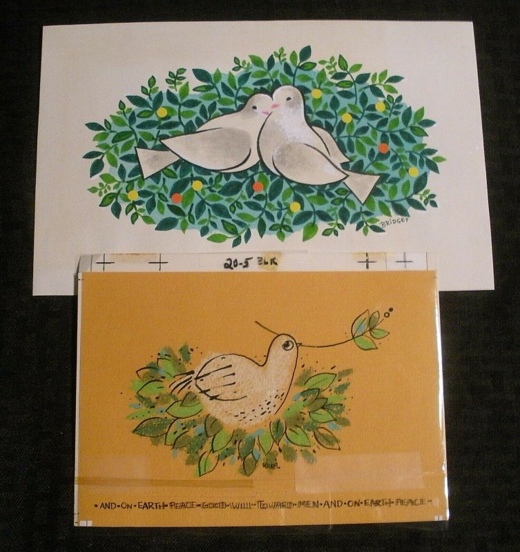 CHRISTMAS Doves of peace w/ olive Branch 2pcs 9.5x6 Greeting Card Art #205 2511