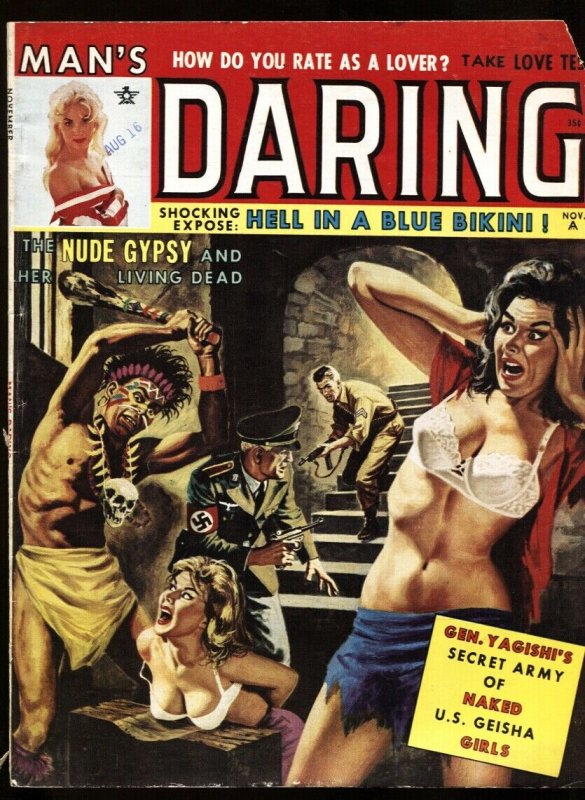 Man's Daring Nov 1962-NAZI WITCH DOCTOR BASHES HEAD OF BABE!