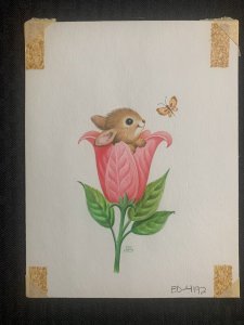 EASTER Cute Baby Rabbit in Pink Flower w/ Butterfly 6x8 Greeting Card Art #4192