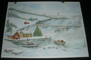 MERRY CHRISTMAS Sea Town w/ Boats & Dock 10x7 Greeting Card Art #873