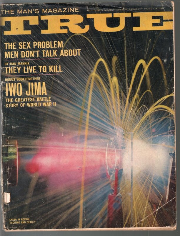 True 3/1965-Fawcett-laser light cover-Iwo Jima-crime-violence-pulp-FR