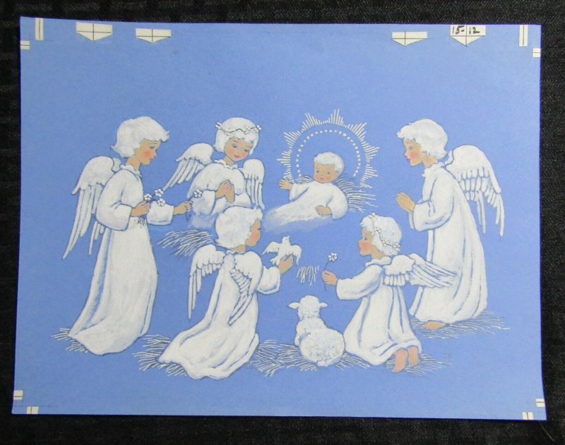 RELIGIOUS Baby Jesus w/ White Angels Dove & Lamb 10x7.5 Greeting Card Art #R512