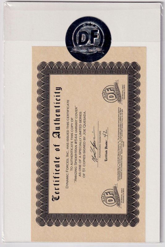 The Amazing Spider-Man #544 Variant Cover (2007) signed / # Joe Quesada DF COA