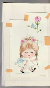 MOTHERS DAY Cute Cartoon Girl w/ Pink Flowers 5x8 Greeting Card Art #MD7551