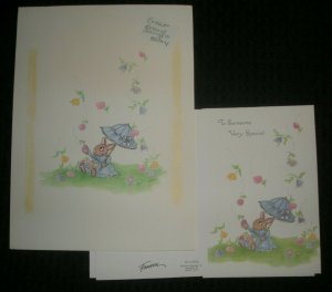 GET WELL SOON Cute Cartoon Rabbit w/ Umbrella 7x9.5 Greeting Card Art #9540