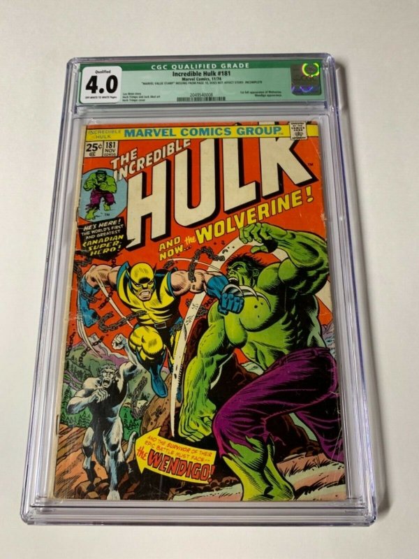 Incredible Hulk 181 Cgc 4.0 Q Qualified 1st Wolverine No Mvs Story Not Affected