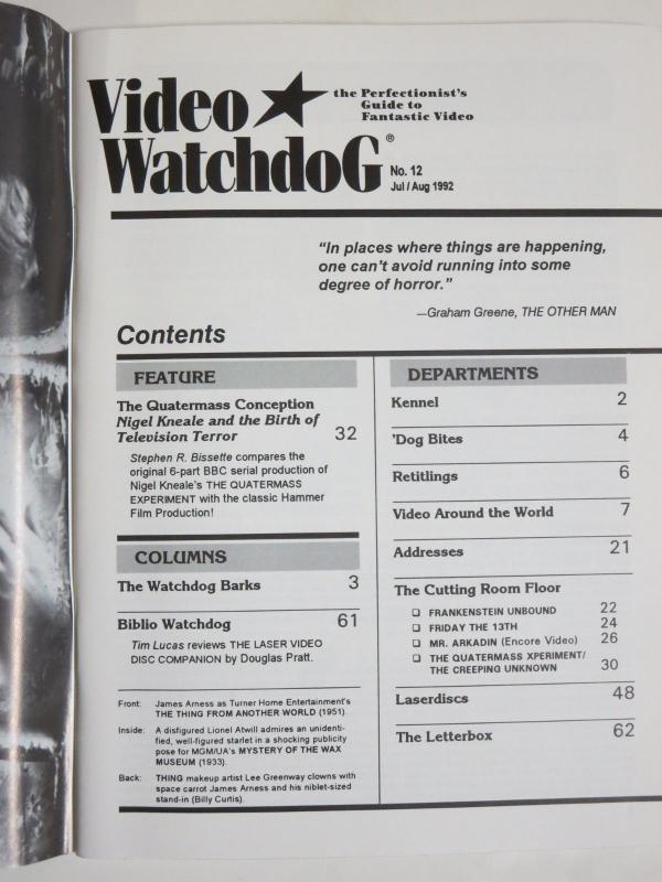 Video Watchdog Magazine #12 July August 1992 Quatermass Dark Star Thing Another+