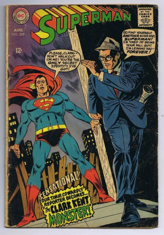 Superman #209 ORIGINAL Vintage 1968 DC Comics Clark Kent Monster 