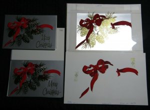 MERRY CHRISTMAS Pine Cones & Red Ribbon 11x8 Greeting Card Art #X6017