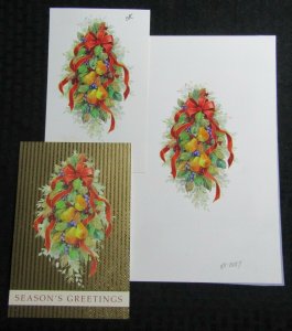 SEASONS GREETINGS Fruit with Red Ribbon 7.25x11.5 Greeting Card Art #X0017