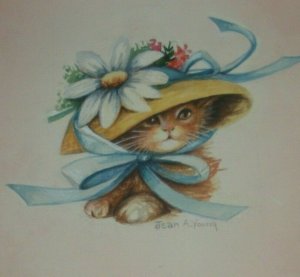 BIRTHDAY Beautiful Tan Kitten Cat w/ Flower Hat 8x10 Greeting Card Art #1118