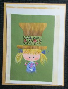 THANK YOU Cute Blonde Girl in Purple Dress & Hat 8x11 Greeting Card Art #nn 