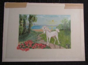 ANNIVERSARY Painted White Horse w/ Stream Flower 15x11 Greeting Card Art #A6193