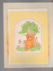 UP & AROUND SOON Cute Wounded Teddy Bear w/ Mice 7x9 Greeting Card Art #C9343