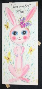 Pink Bunny Rabbit I love you best, Mom Original Greeting Card Painted Art