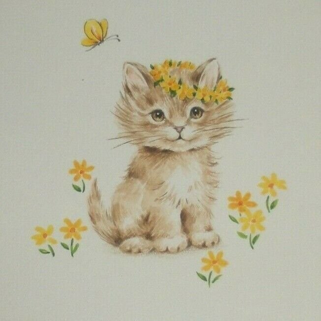 GET WELL SOON Cute Tan Kitten w/ Yellow Flowers 5.25x7 Greeting Card Art #4306