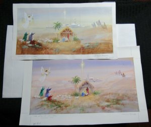 STORY OF CHRISTMAS Angel Shepherds Nativity 2pcs 19x11 Greeting Card Art #X8011