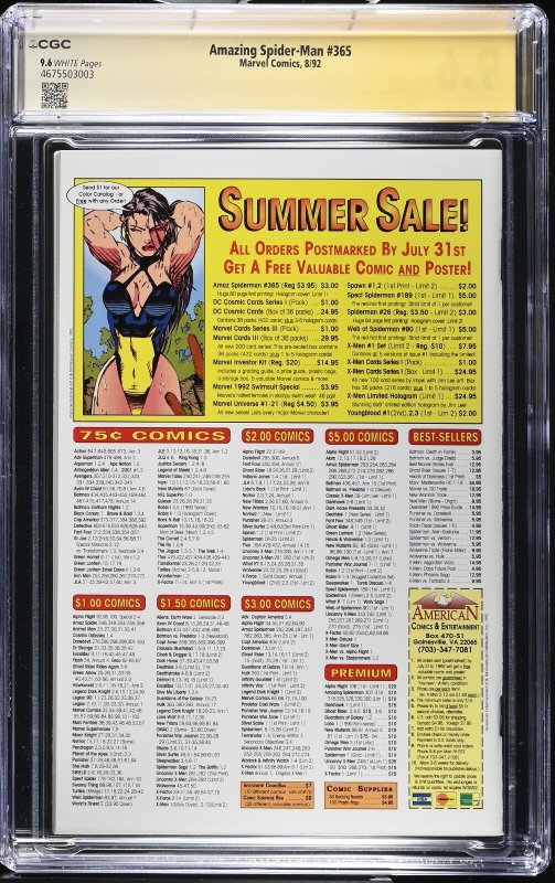 Amazing Spider-Man (1992) # 365 (CGC 9.6) Signed & Sketch Mark Bagley  * 1st App