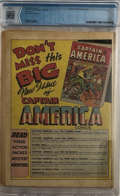 (1941) SUB MARINER COMICS #2 CBCS 1.5 Early Golden Age WW II Classic Cover!