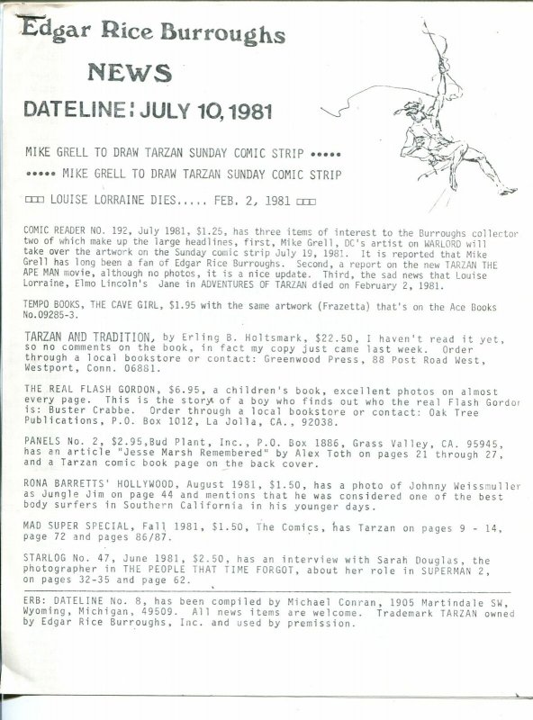 Edgar Rice Burroughs News Dateline #8 7/10/1981-Tarzan-fanzine-newsletter-VF