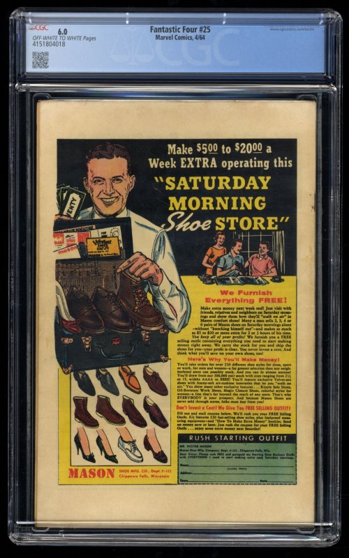 Fantastic Four #25 CGC FN 6.0 Classic Hulk Vs. Thing  Battle!