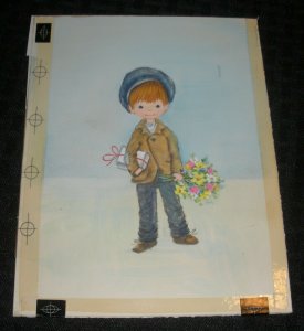 BIRTHDAY Cute Boy w/ Present & Flowers 6x8 Greeting Card Art #7511