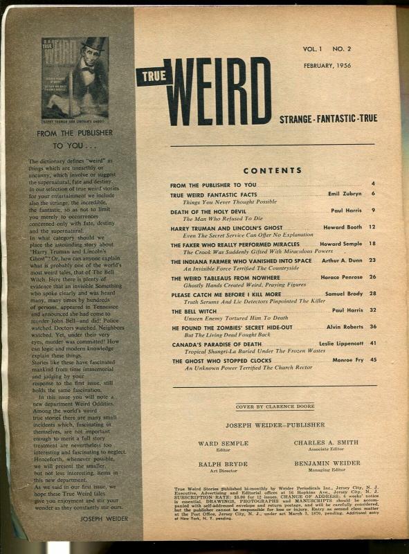 True Weird #2 2/1956-Abe Lincoln-Clarence Doore-horror art-zombies-pulp-VG