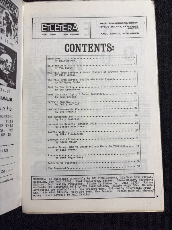 1973 ETCETERA 44pg Fanzine #3 VG+ 4.5 Dracula Cover / Moench Monsters Unleashed