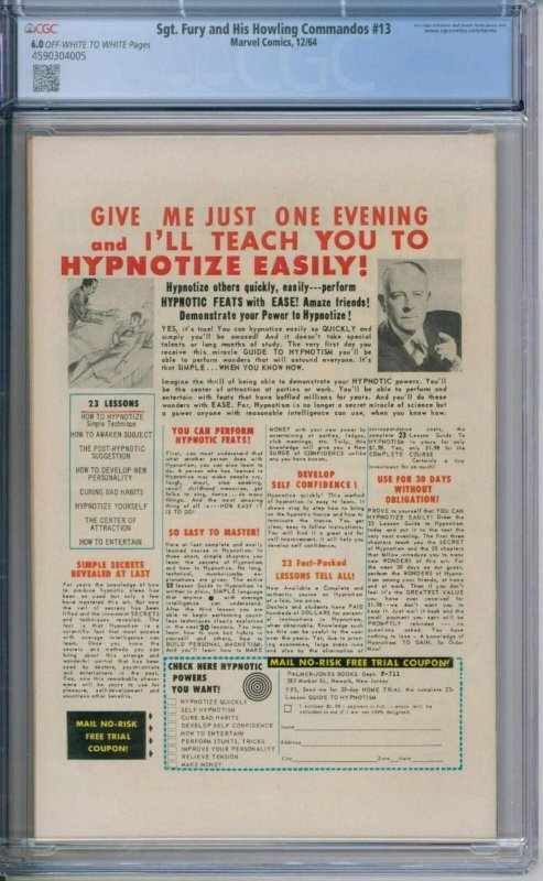 Marvel Comics SGT. Fury And His Howling Commandos #13 CGC 6.0 Stan Lee Story