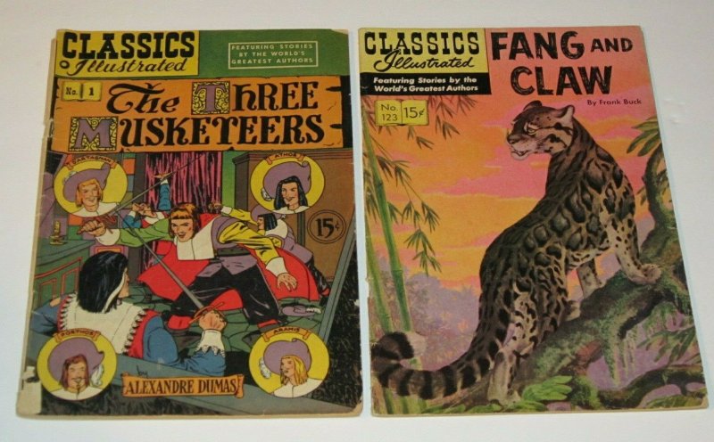 Lot/2 Classics Illustrated #1 Three Musketeers VG+ #123 Fang/Claw FN Golden Age