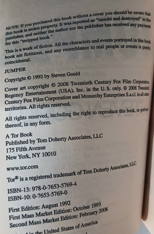 JUMPER (2008) STEVEN GOULD | 2ND MASS MRKT ED. | PAPERBACK