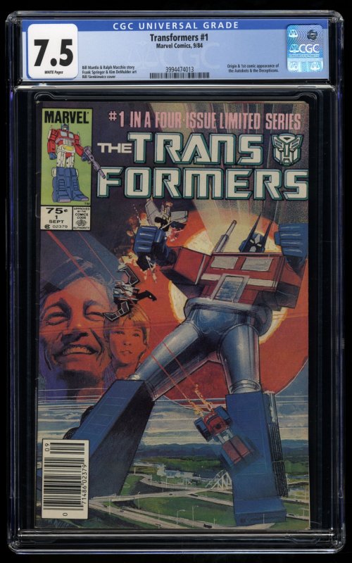 Transformers #1 CGC VF- 7.5 White Pages Newsstand Variant