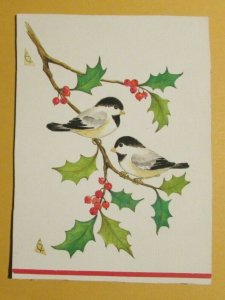 CHRISTMAS 2 Birds on Holly Branch w/ Holly 6x8 Greeting Card Art #2513 FVF 7.0