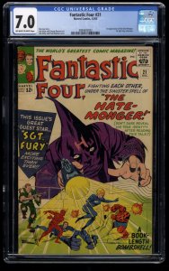 Fantastic Four #21 CGC FN/VF 7.0 Off White to White 1st Hate-Monger!