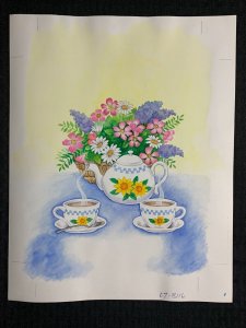 THINKING OF OUR FRIENDSHIP Flowers & Tea Set 11x14 Greeting Card Art #8116