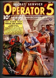 Operator #5 11/1938-Popular-hero pulp-Woman menaced with flamethrower