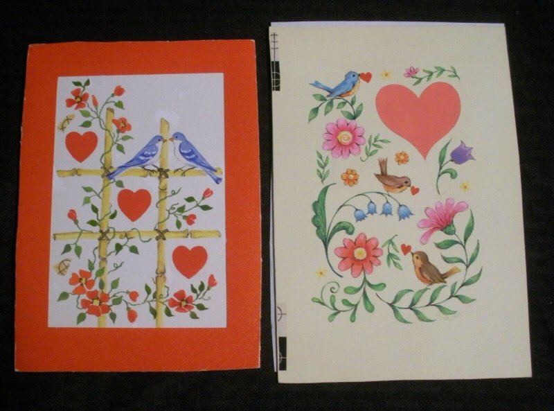 VALENTINE Blue Birds Hearts Tic Tac Toe 2pcs 5x7.5 Greeting Card Art #3401 3444