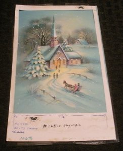 MERRY CHRISTMAS Church w/ Steeple Tree & Carriage 5x8 Greeting Card Art #12830