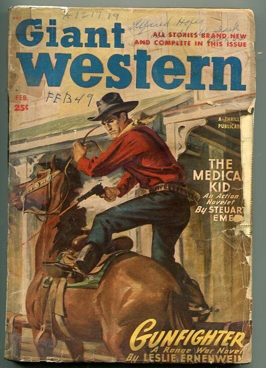 GIANT WESTERN 02/1949-THRILLING-PULP WESTERN THRILLS-GUN FIGHT COVER-fr/good