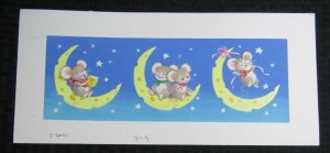 HAPPY BIRTHDAY 3-Panel Cute Mice w/ Cresent Moon 13x6 Greeting Card Art #9091
