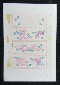 IT'S A GIRL Pink Teddy Bear Blocks Flowers Clothes 6x9 Greeting Card Art #J1877